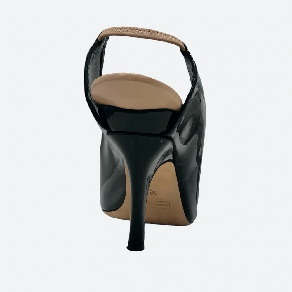 MARC JACOBS BLACK PATENT LEATHER PEEP TOE OPEN BEIGE HEEL STILETTOS HEELS